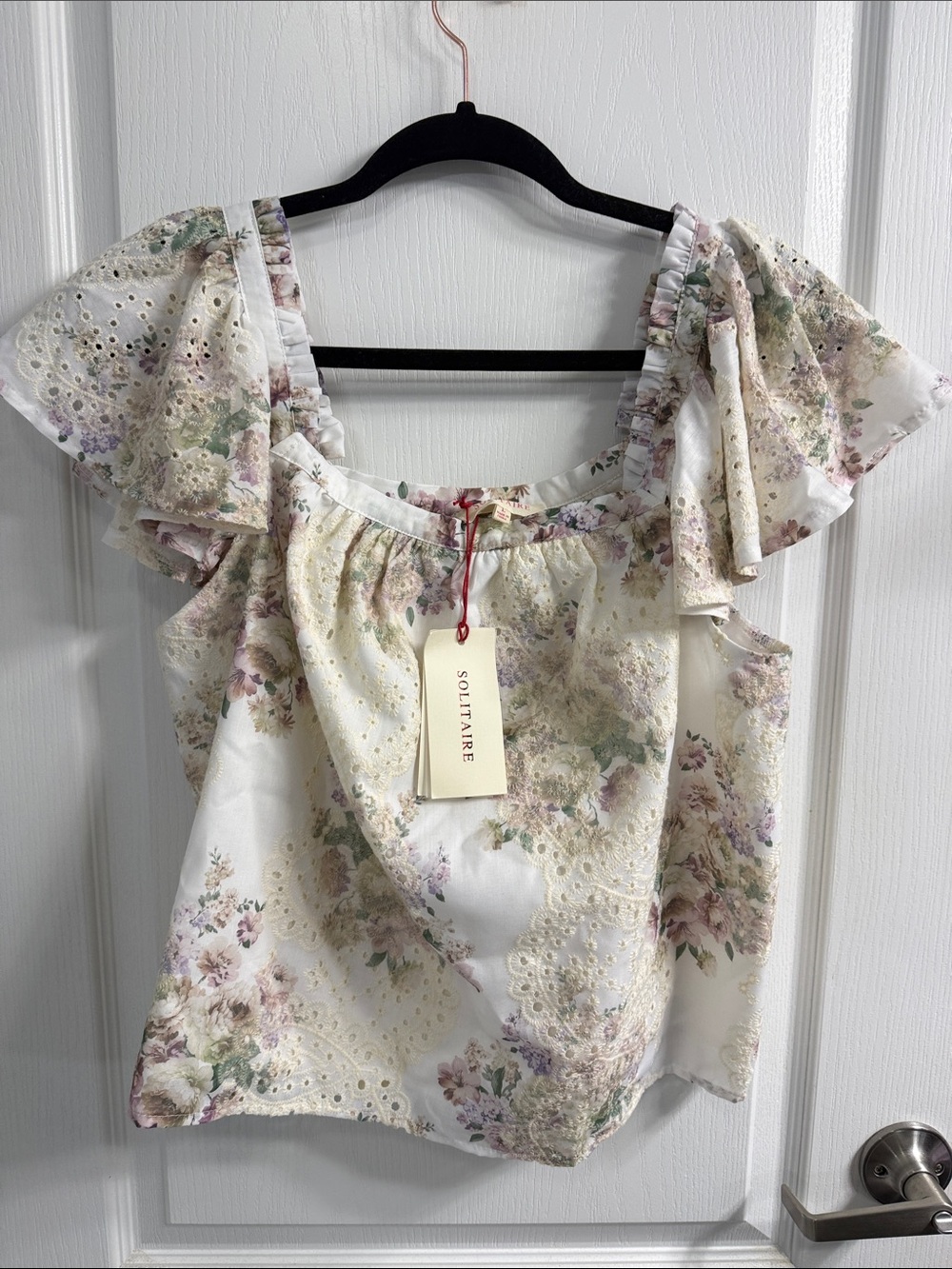 Solitaire Floral Eyelet Embroidered Ruffle Sleeve Top - Cream & Pastel Romantic